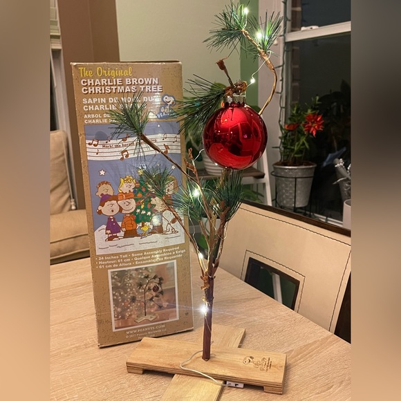 Charlie Brown Christmas Tree Peanuts W/Orig Box Tree, Fairy Lights. Red Bulb 24” - Picture 4 of 8